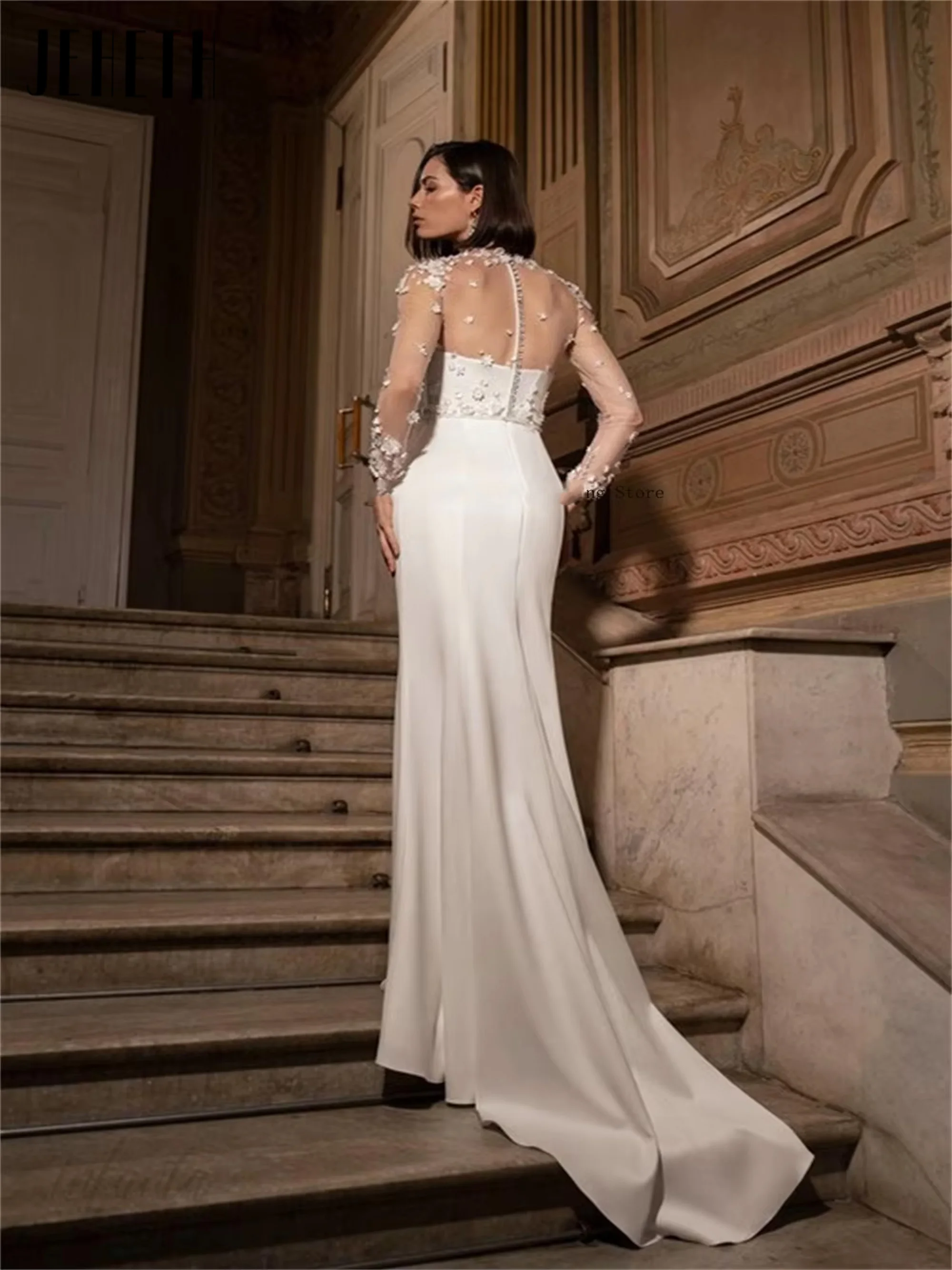 فساتين زفاف JEHETH ساحرة برقبة عالية وأكمام طويلة من الساتان Shath سويب تراين مصنوعة حسب الطلب 2025 Vestido De Noival مخصصة JEHETH ساحرة عالية الرقبة الأكمام الكاملة الساتين ظل فساتين الزفاف مسح القطار مصنوع حسب الطلب