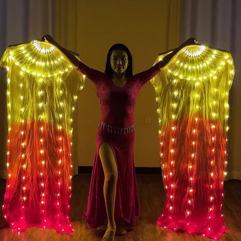 1.5M Luminous Foldable Fan Night Show Belly Dance Glowing Fans Stage Performance Long Silk Fan Classical Fan with LED Lights