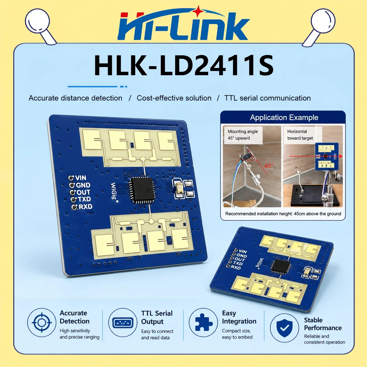 HLK LD2411S 24G Wave Range Detector 5V Single Power 48mA Working Current 20Hz Output TTL Serial Transmit Circuit Unit