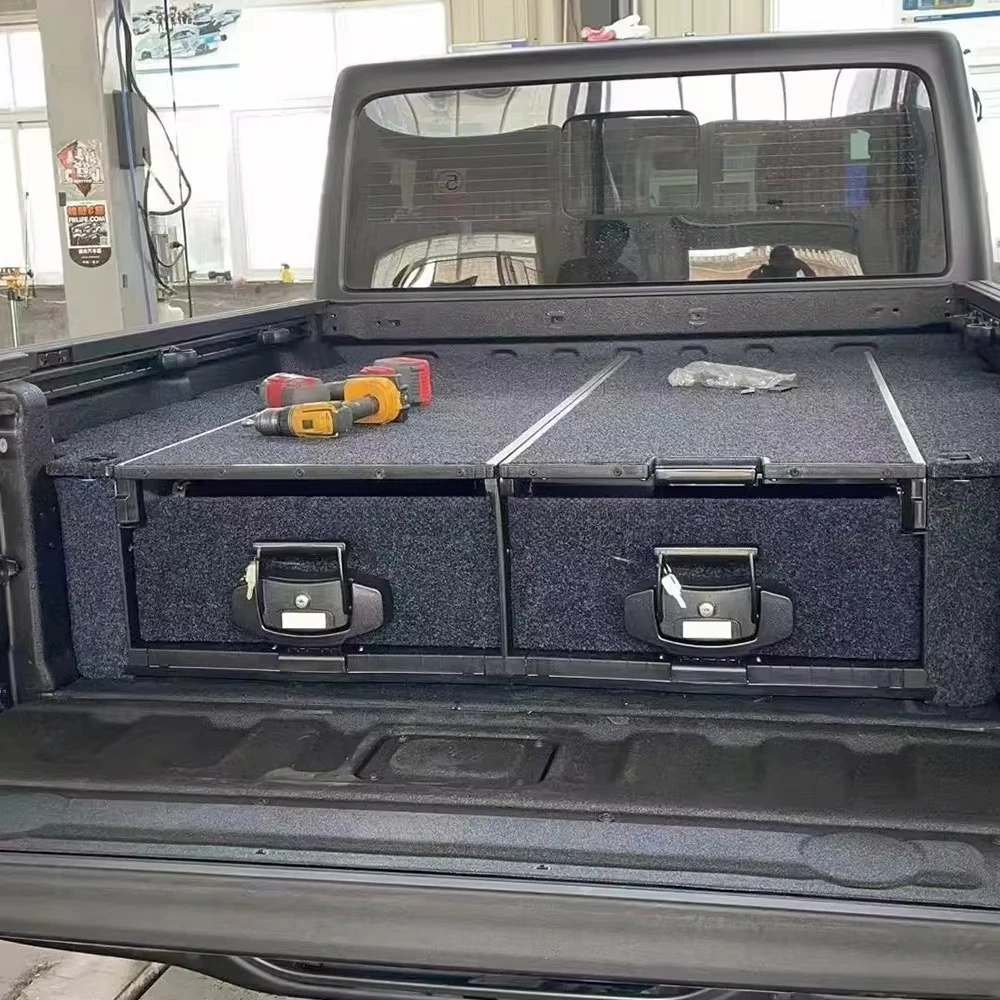 

Jee p Gladiator Full Size Drawer Systems 4x4 Offroad Heavy Duty Lockable Twin Cargo Storage Toolbox Drawers with Fridge Slider