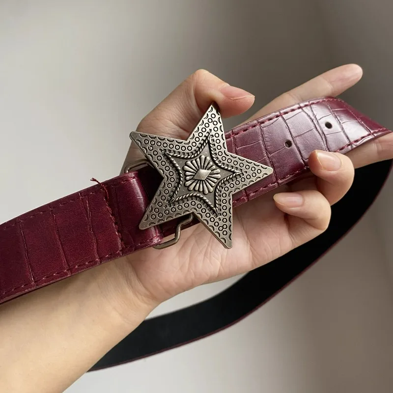 

Красные женские ремни в стиле хип-хоп в стиле ретро для женщин, готический панк, пятиконечная звезда, пряжка из искусственной кожи, ремень в стиле рок Y2k, популярный красный пояс