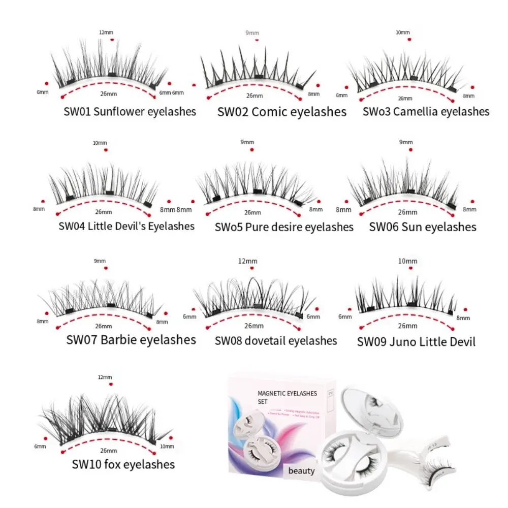 Cat Eye Magnetic False Eyelashes Makeup Long Lasting Glue Free False Eyelashes with Mirror Fluffy Magnetic Eyelashes with Clip