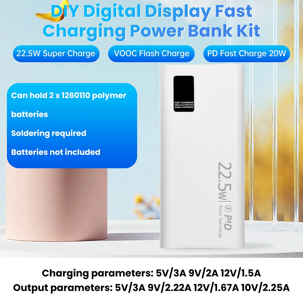 22,5W Schnelllademodul 20000mAh Powerbank-Gehäuse 2x1260110 DIY Batteriegehäuse Unterstützt PD/QC/VOOC
