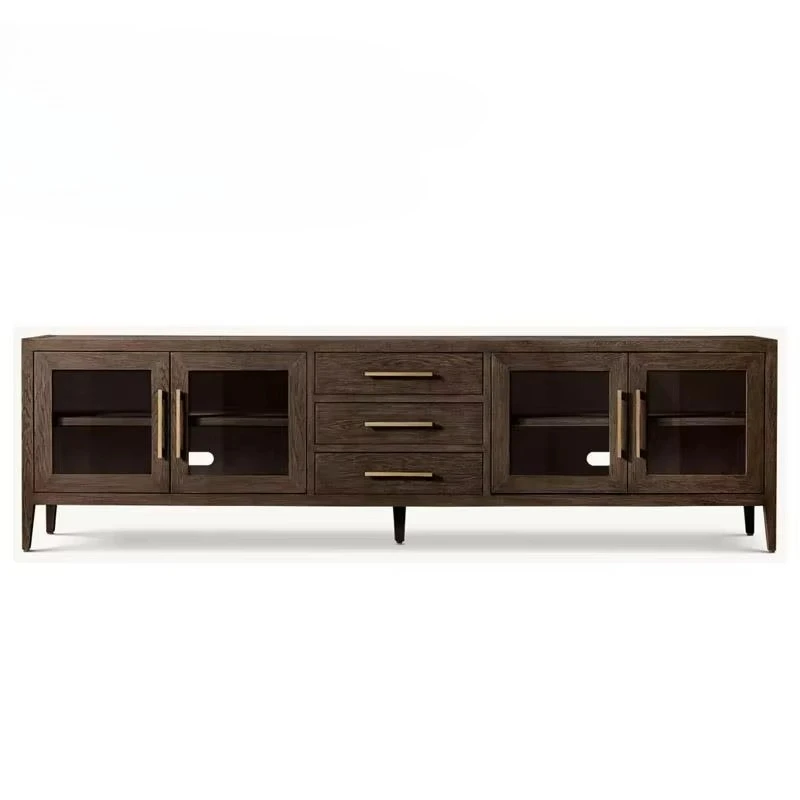 French contemporary glass 4-door media console with modern TV cabinet with drawers