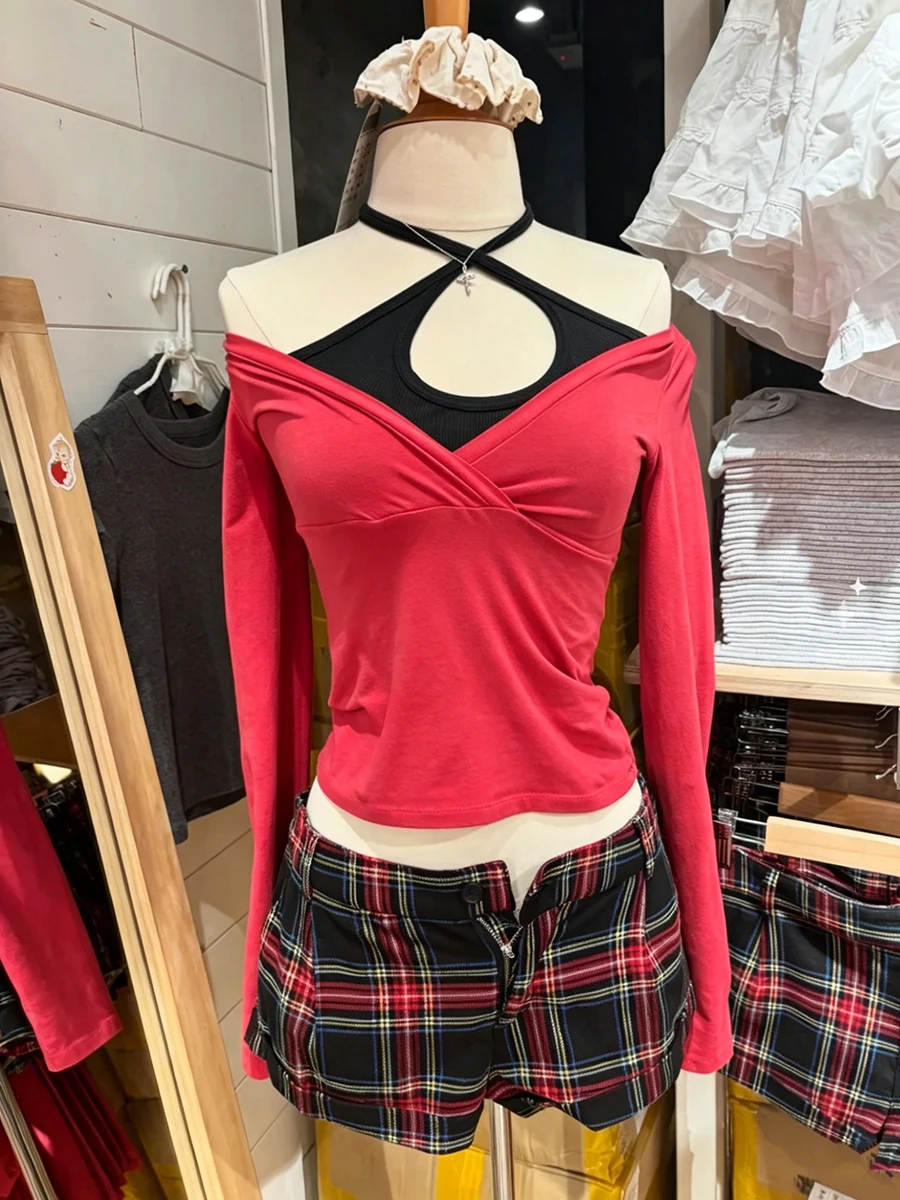 New Red V-neck T-shirts Women Streetwear Casual Cotton Slim Long Sleeve Tees Fashion Vintage Simple All-match T Shirt Y2K Tops