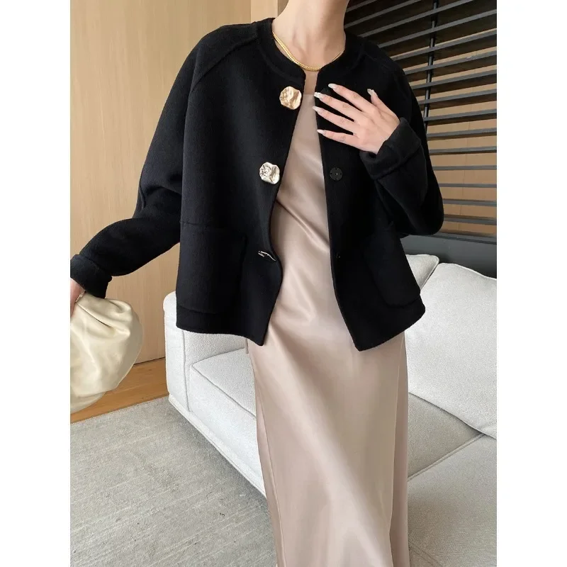 

Women Black Wool Blend Double-faced Wool Coat 2024 Autumn Winter Long Sleeve High Quality Warm Casual Loose Basic Wool Jacket