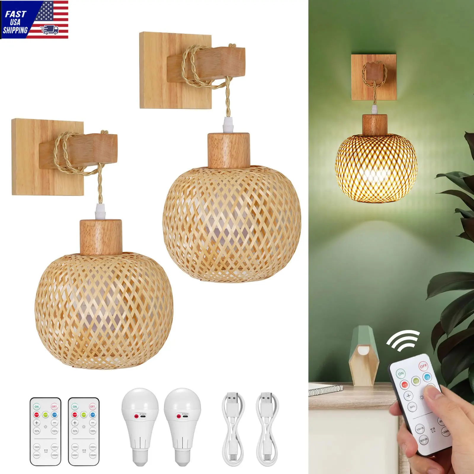 Set of 2 Battery Operated Wall Sconce with Remote Control Bamboo Lantern Wireless Rattan Wall Lamp With Bulbs