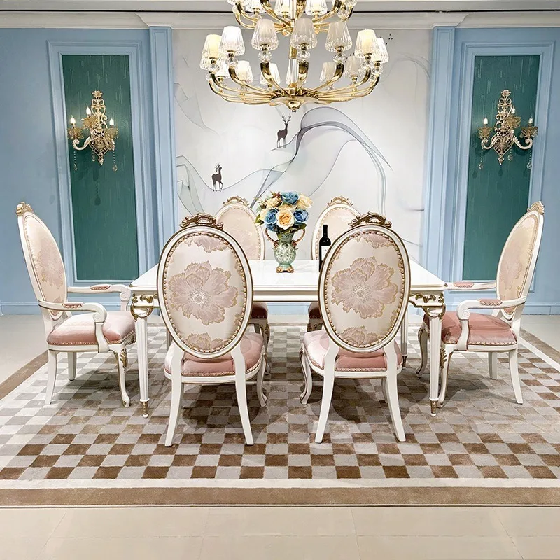 Solid wood dining table and chair combination, European-style palace luxury carved rectangular dining table 6 people restaurant