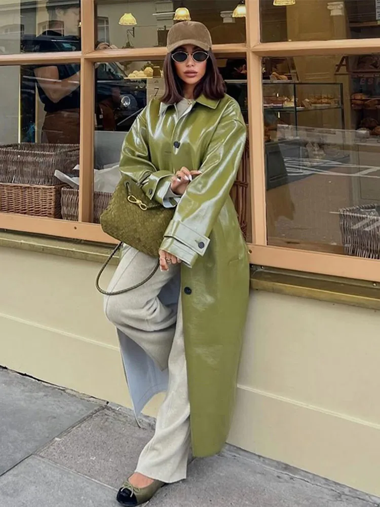 Glossy Long Leather Jacket Coat Green Bright Trench Loose Vintage Overcoat Silhouette PU Leather Jackets Slimming Women Outwear