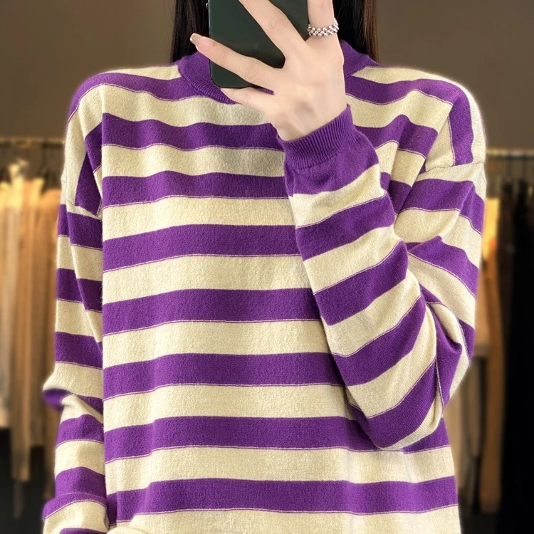 Joker basique rayé col rond pull 2025 nouveau pull femme automne hiver tricoté chemise paresseux vent Simple hauts