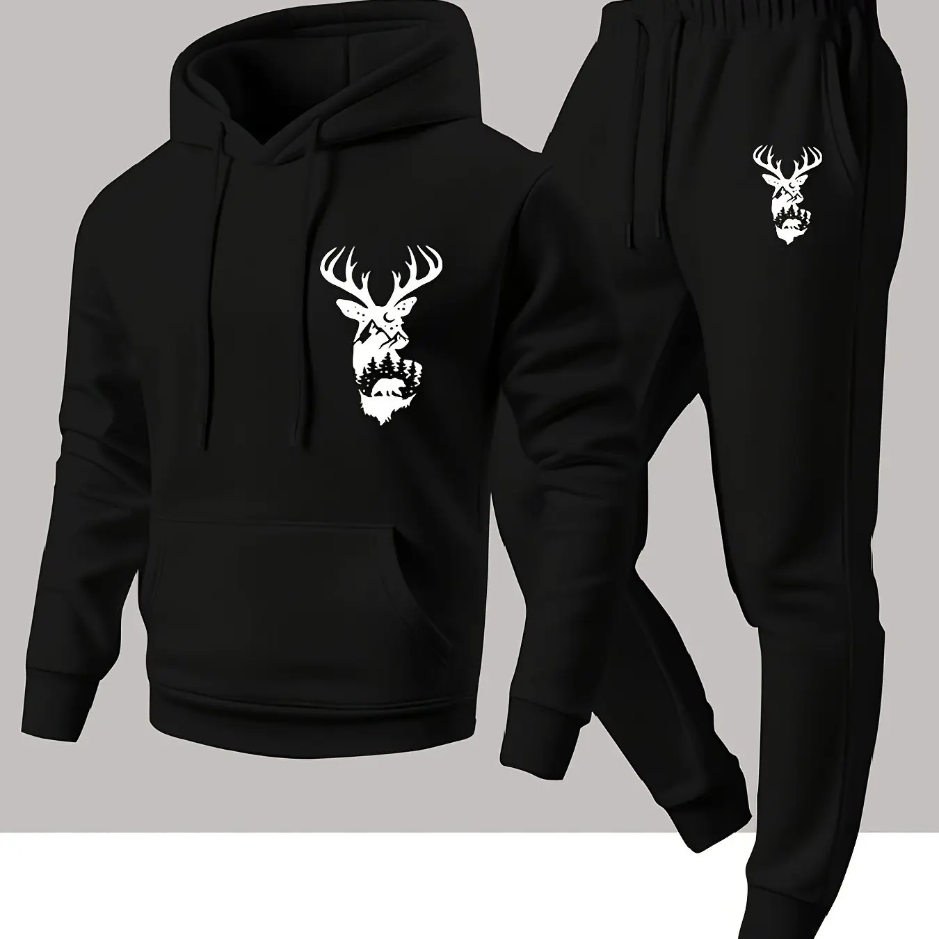 2026Men's stylish hooded elk heat transfer printed hoodie and sweatpants set, casual and versatile outdoor style two-piece set.