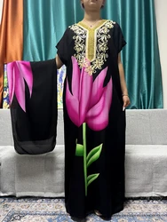 Muslim Traditional Cotton Abayas For Women 2023 Dubai Floral Appliques Loose Femme Robe African Islam Dresses With Turban Hijab