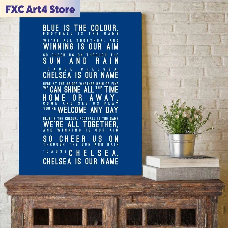 Cuadros Decorativos sin Marco Inspirados en Chelsea FC con Letras de Canciones, Impresiones Artísticas en Lienzo con Tipografía de Letras en Azul