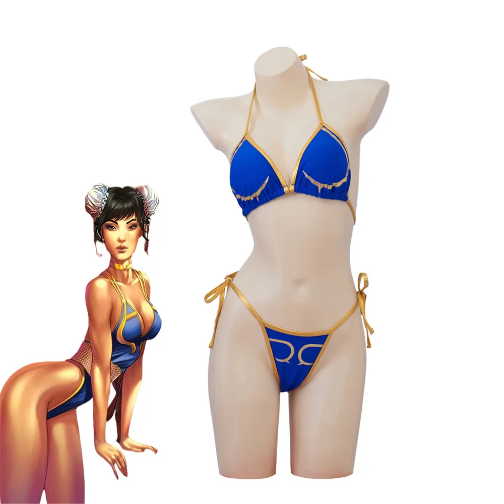 

Game Chun Li Cosplay Swimwear Summer Women Sexy Halter Neck Lace Up Bikinis Set Halloween Carnival Party Blue Bathing Suits