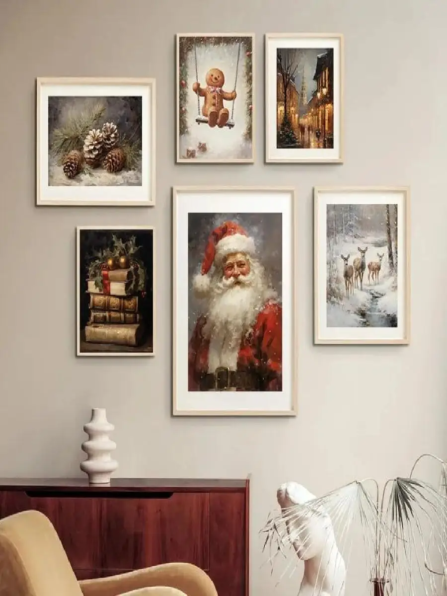 Vintage Christmas Santa Portrait with Tree Deer Snowman  Winter Art Posters Canvas Painting Wall Prints Pictures for Home Decor