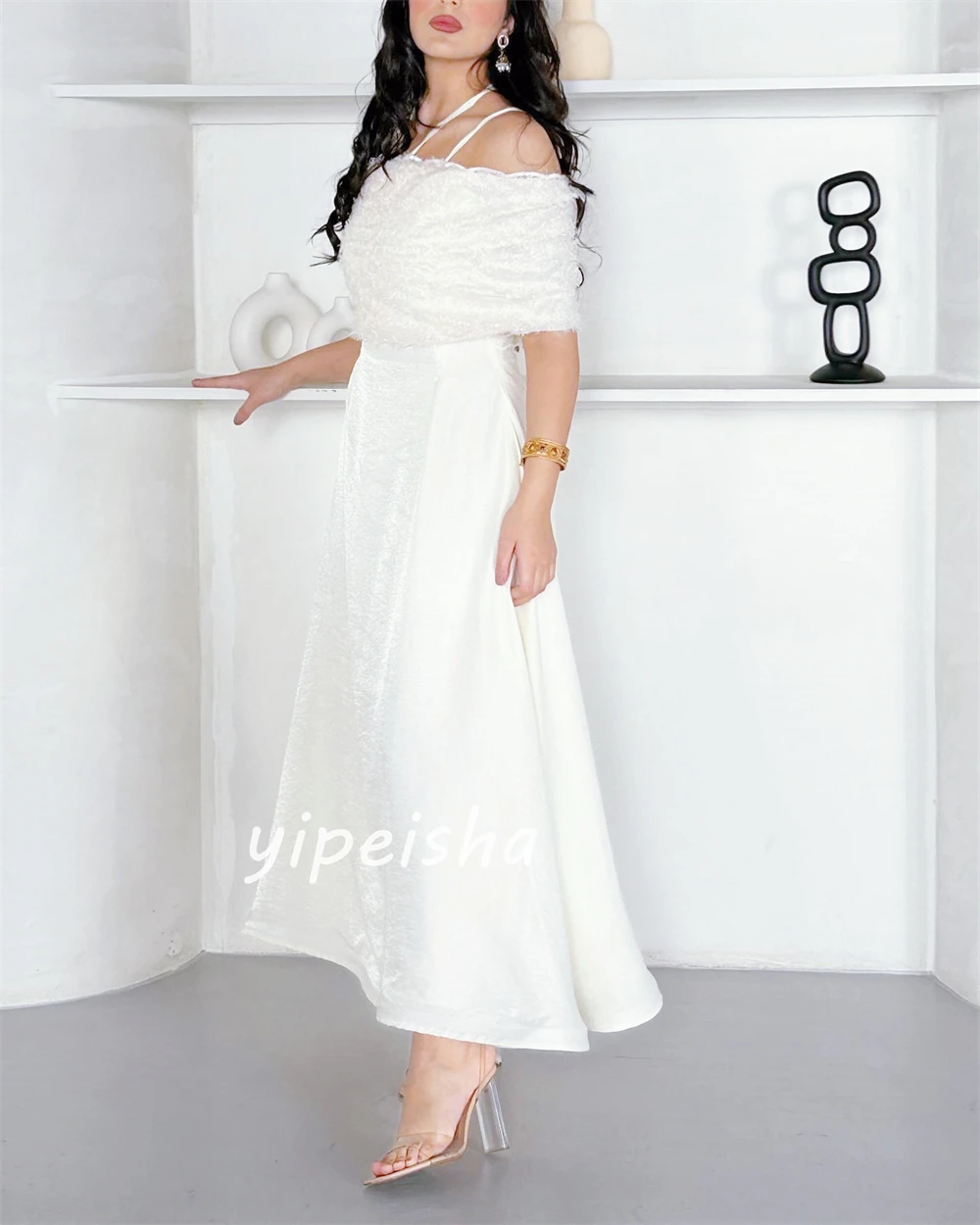 Jersey Sequined Feather Ruched Wedding Party A-line Off-the-shoulder Bespoke Occasion Gown Midi Dresses