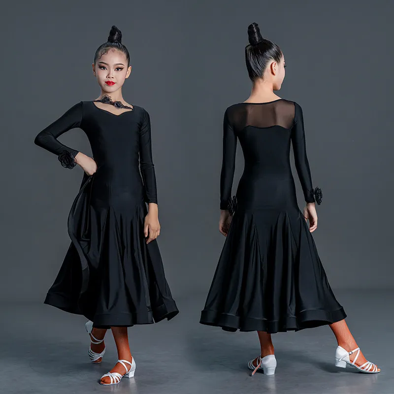 

Профессиональная юбка для бальных танцев для девочек, новая черная одежда для вальса с длинными рукавами для соревнований и тренировок
