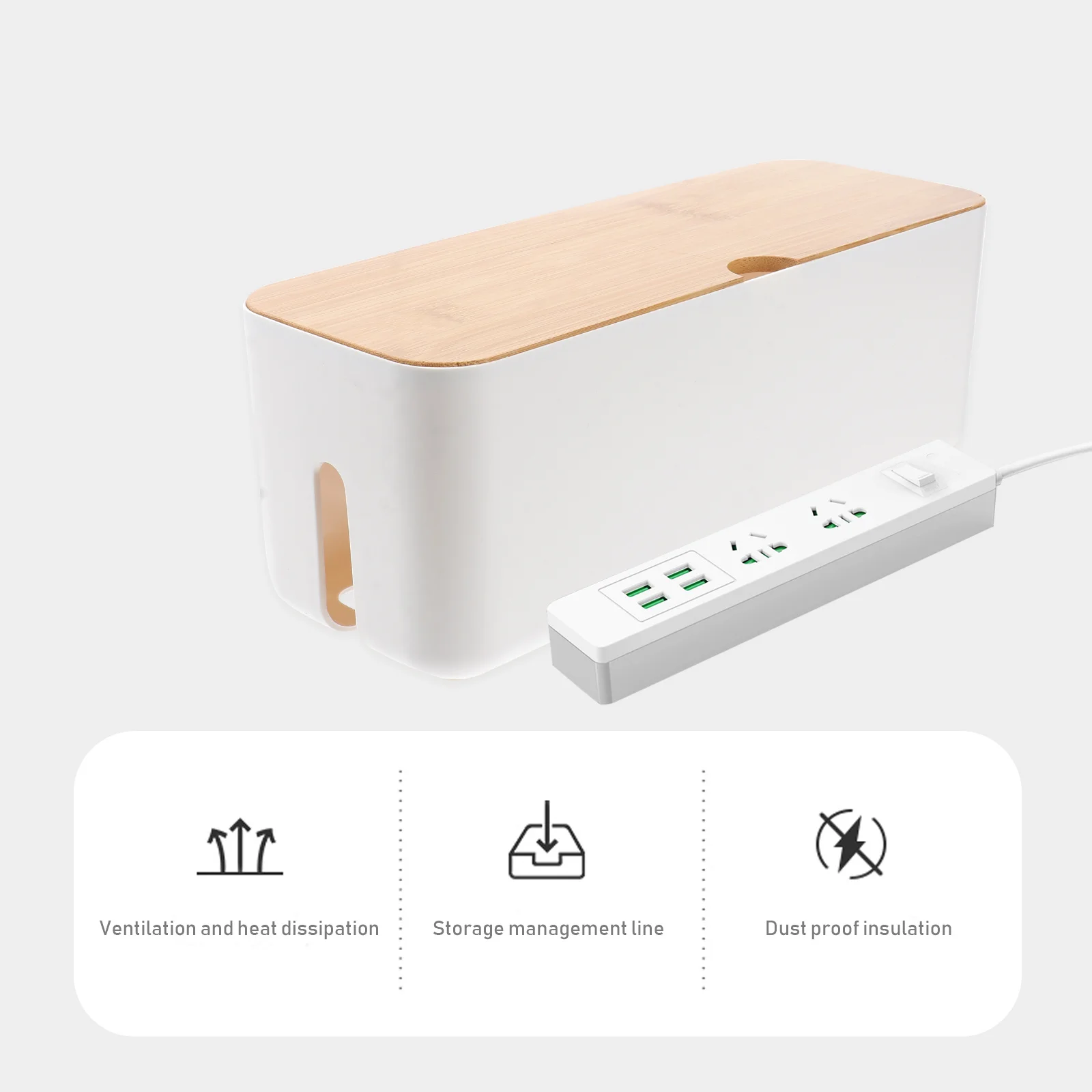 Scatola per la gestione dei cavi Scatola portaoggetti per ciabatta in plastica bianca con coperchio in legno per nascondere cavi per organizer per cavi per ufficio domestico