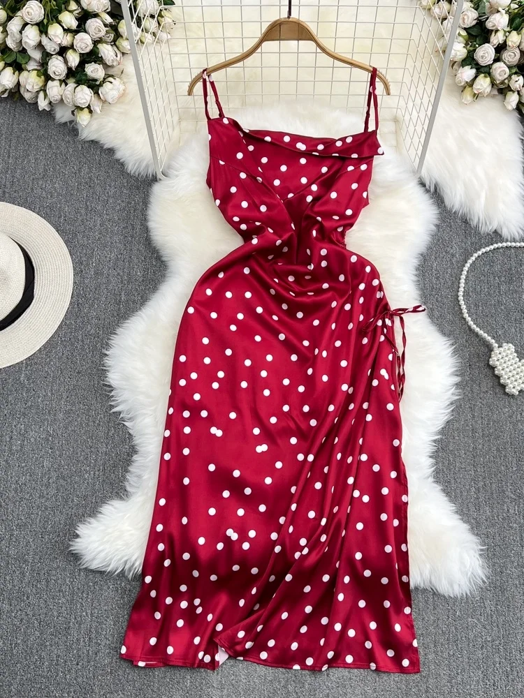 우아한 폴카 도트 비치 휴가 드레스 민소매 하이 웨이스트 a 라인 미디 스커트 한국 스타일 원 숄더 가운 여름 드레스