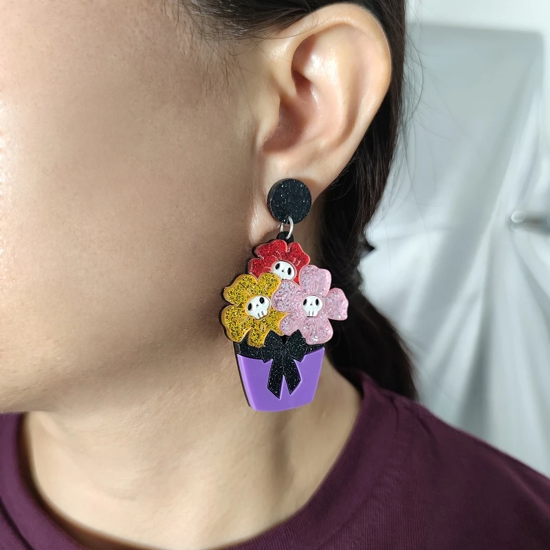 KUGUYS هالوين هيكل جمجمة باقة الاكريليك أقراط المرأة القوطية الأزهار مجوهرات فريدة مخيف هدية اكسسوارات #2