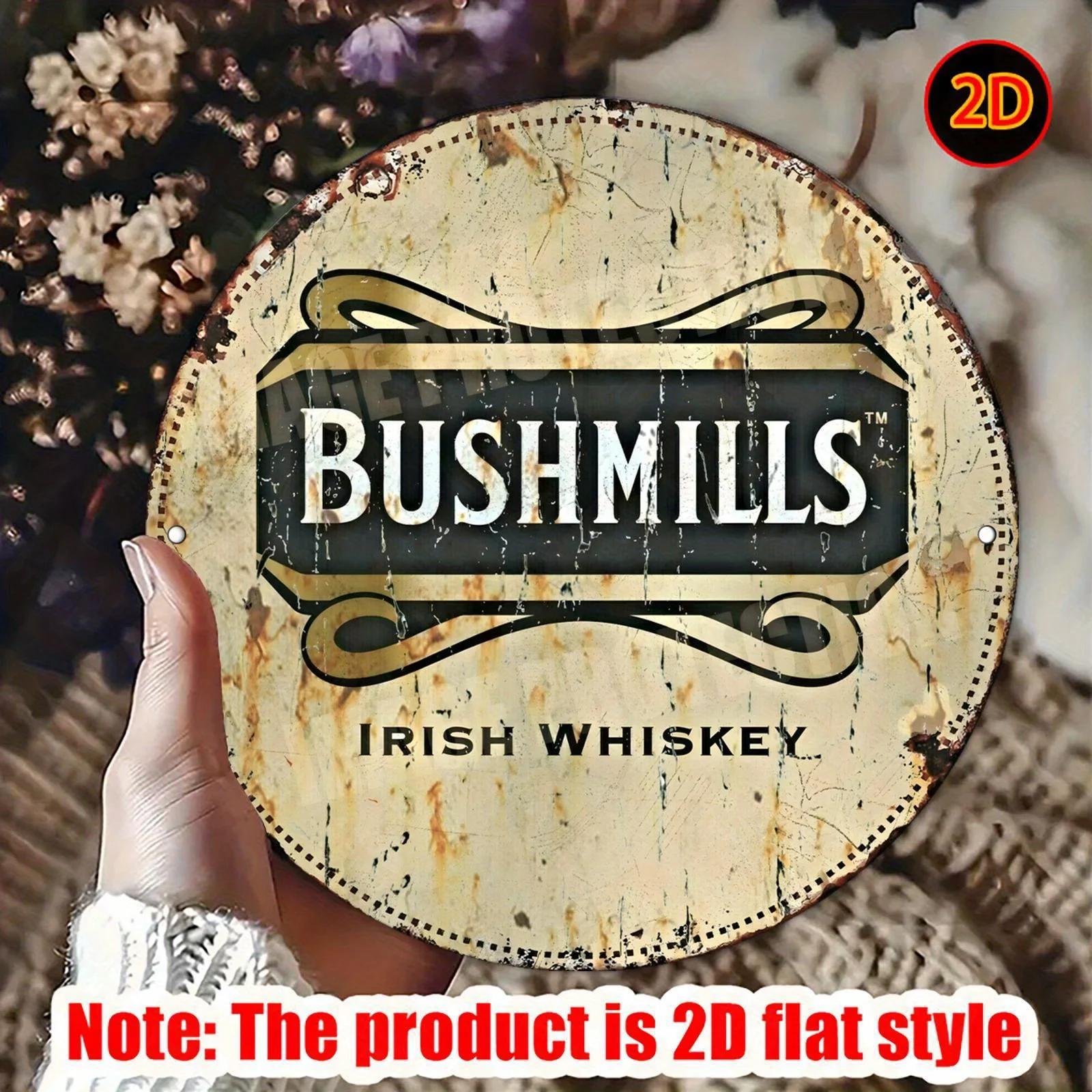 A 2D Flat Circular Aluminum Sign,Featuring a Vintage-style Bushmills Irish Whiskey Metal Plaque,Perfect for Bedroom, Living Room