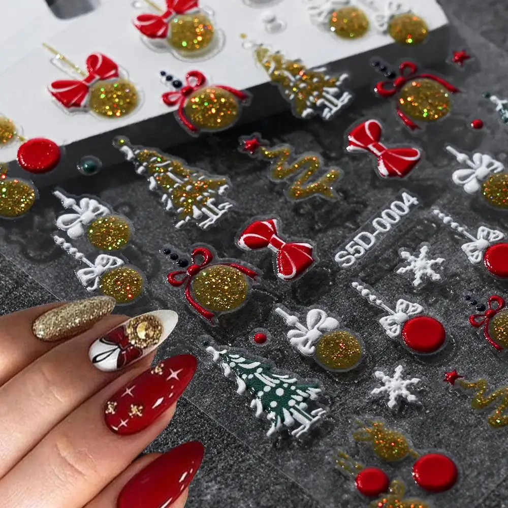 

1pcs 5D Christmas Gold Glitter Bow Bell Snowflakes Nail Stickers Pine Santa Claus Bear Slider Cute Xmas Winter Manicure Decals &