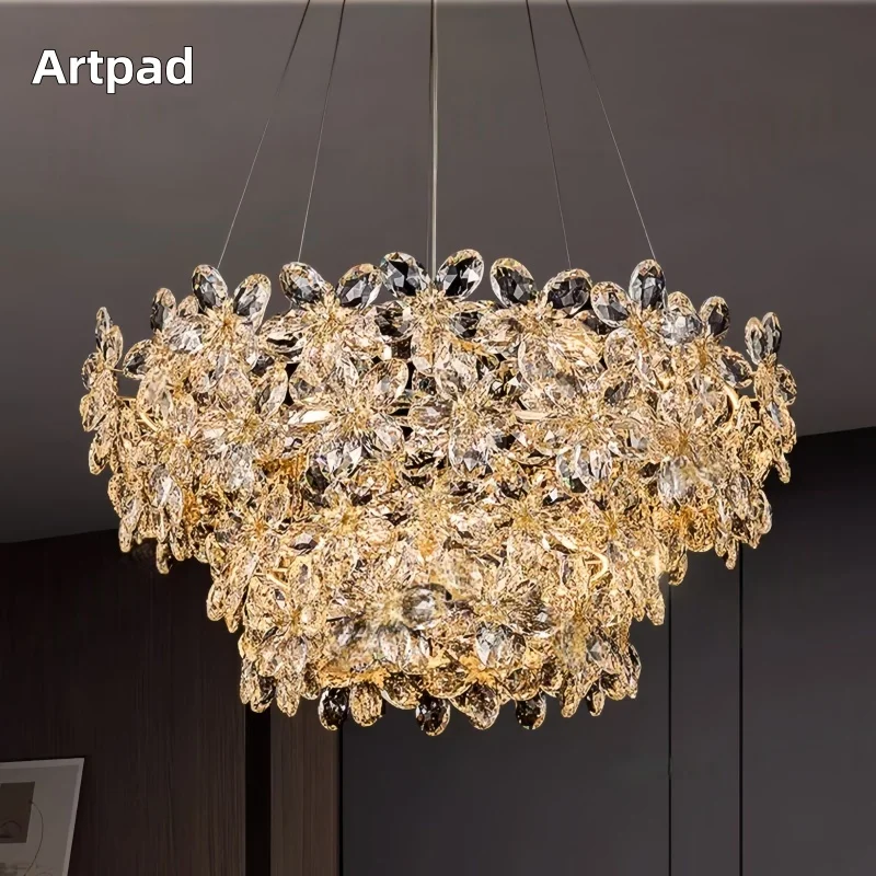 

Luxury Crystal Flowers Chandelier Round Pendant Light for Villa Hotel Hall Living Room Restaurant Indoor Decoration Hanging Lamp