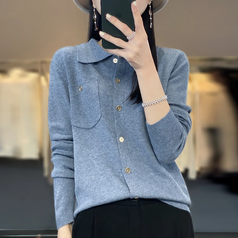 New Autumn And Winter POLO Collar Cardigan Women\'s Pure Wool Knitted Pocket Top Flat Versatile Office Long Sleeved Shirt NJR309