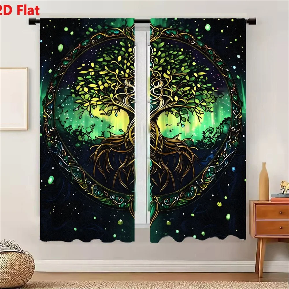 2Pcs Curtains Tree Of Life Digital Illustration With Golden Branches And Cosmic Background Window Drapes for Bedroom Room Decor