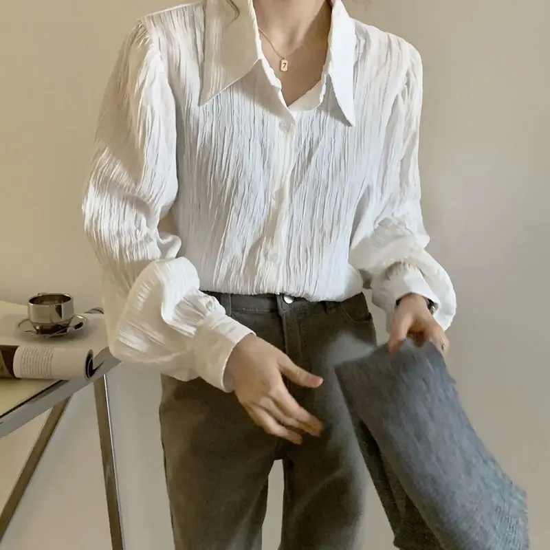 Langarmshirts für Damen, Satin, Button-Down-Blusen, Laternenärmel, gepunktet, plissierter Saum, adrett, feminin, Retro-Französischer Stil