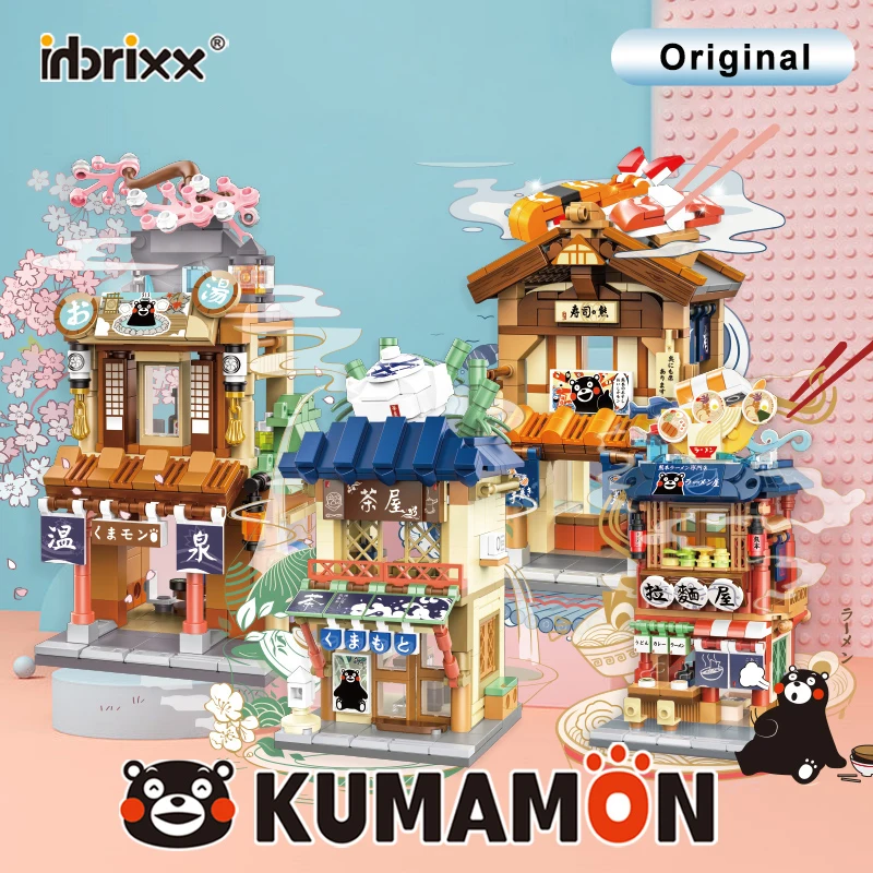 Kumamon Bear Country Villas House Building Blocks Cafe Ramen Sushi Shop Assemble Bricks City Stree View Toys Gifts For Children