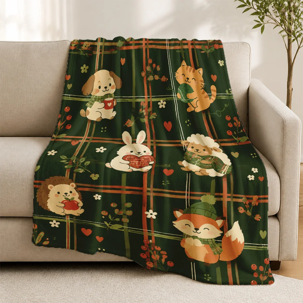Cute Plaid Animal Print Throw Blanket Sofa Decor Cozy Fleece Tartan Woodland Theme Throw for Living Room Sofa Bed Gift Home Acce