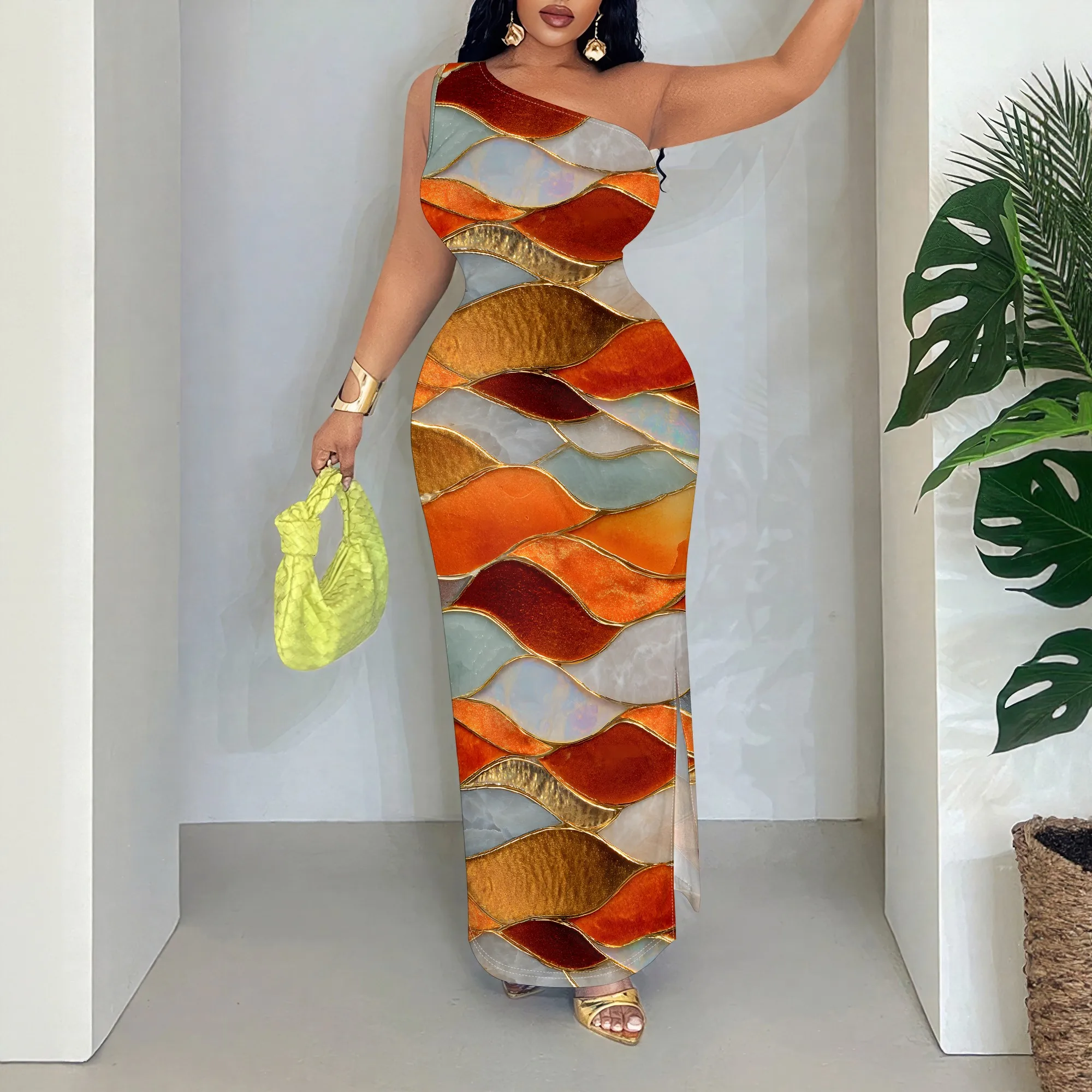 Wavy Print One Shoulder Dress, Sleeveless Cutout Maxi, Abstract Art Summer Wear, Beach Party Gown S-2XL