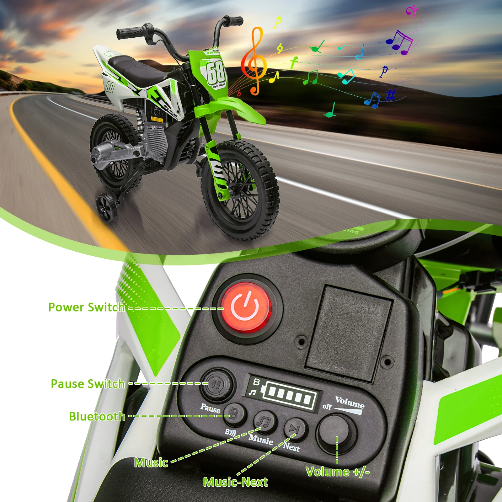 12v elektrische crossmotor voor kinderen met zijwieltjes Twist Grip Throttle 3Mph Max Speed Music Safe Ride-on motorfiets voor kinderen