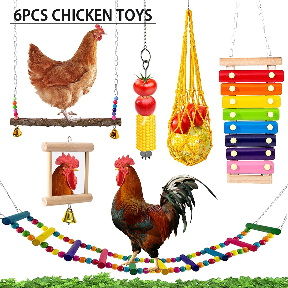 Chewing Foraging Toys Chicken Toys Set Parrot Playing Training Toys with Wooden Swing Fruit Vegetable Hanging Feeder Bell Toys