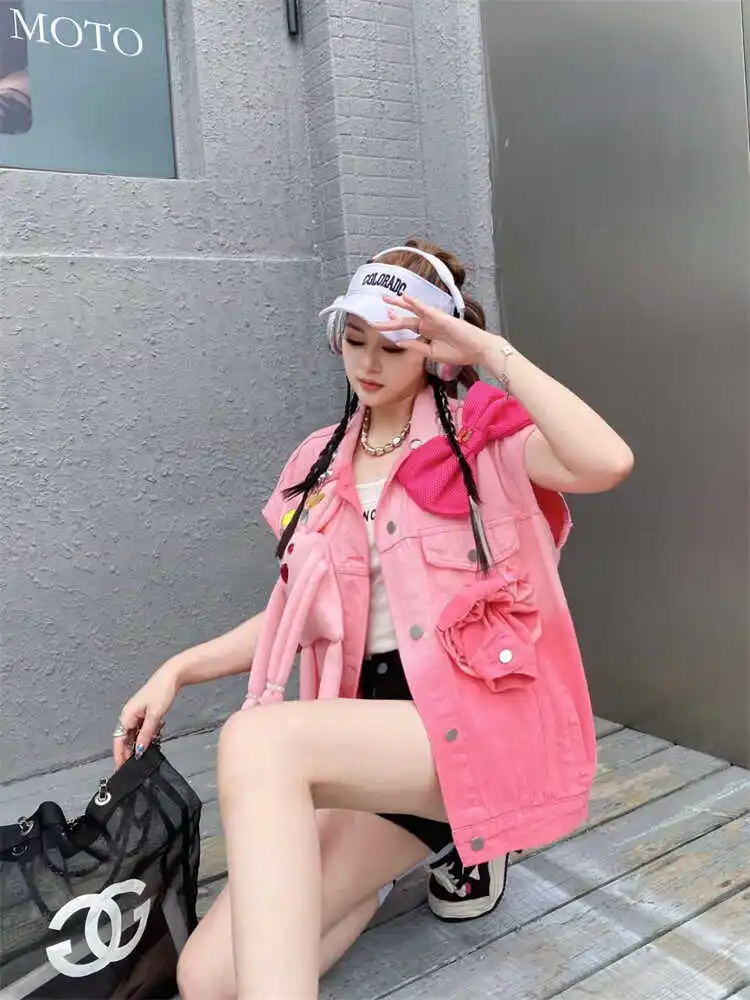 Streetwear Mode Bogen rosa Jeans jacke für Frauen 2024 Frühling neue westliche Stil lose Diamant drei dimensionale Puppe Jeans Mantel