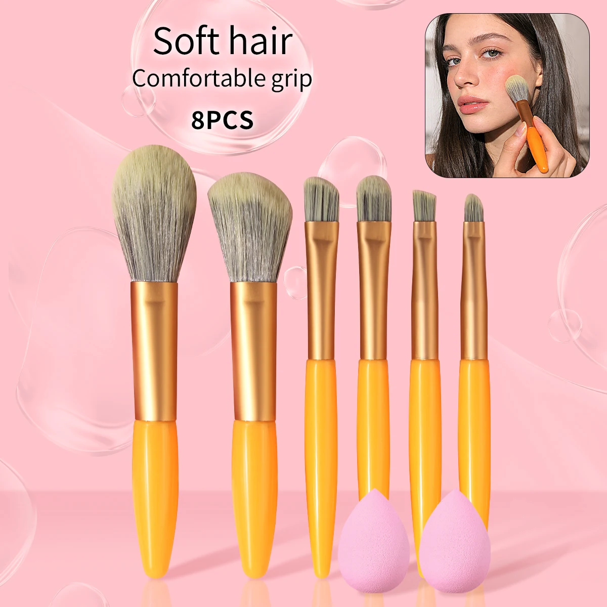 ชุดแปรงแต่งหน้าแบบพกพา 8 ชิ้น - แปรงแป้งขนาดเล็ก แปรงอายแชโดว์ แปรงคอนซีลเลอร์ + ฟองน้ำขนาดเล็กแบบนุ่ม