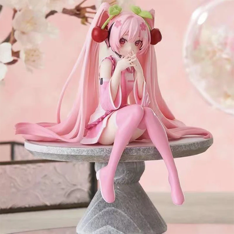 Hatsune Miku Anime figure Pink dress Sitting posture PVC model action toys Cherry pink cherry blossom decoration collect gifts