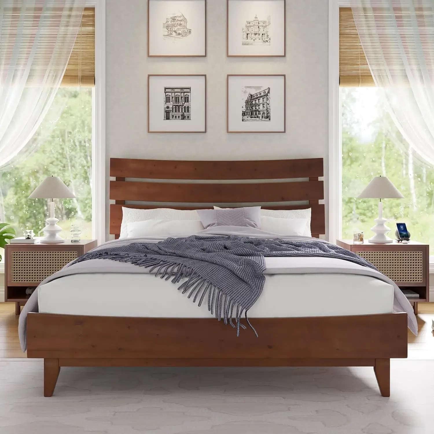 

Solid Wood Bed Frame, Mid Century Platform Bed with Slatted Headboard, Wood Slat Support/No Box Spring Needed/Noise