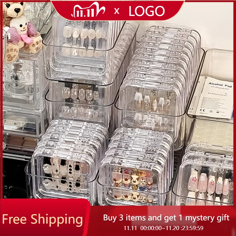 

10pcs Transparent Nail Art Storage Boxes Odorless PE Material Round-Corner Design Secure Sealing Press on Nail 1 Adhesive Strip