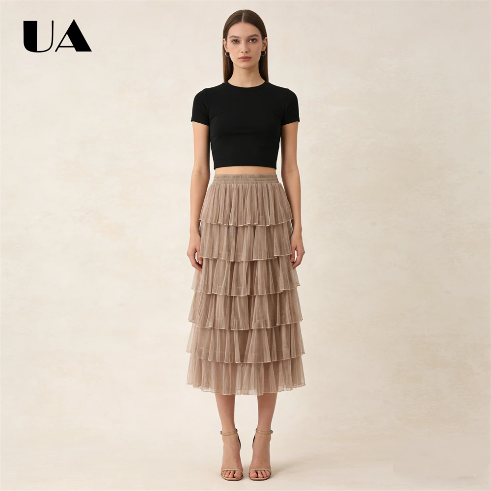 ULBYANRY Tiered Mesh 92cm Long Skirt for Women Spring Autumn Skirts, Fairy Elastic Waist Skirt Many Colors Avaliable