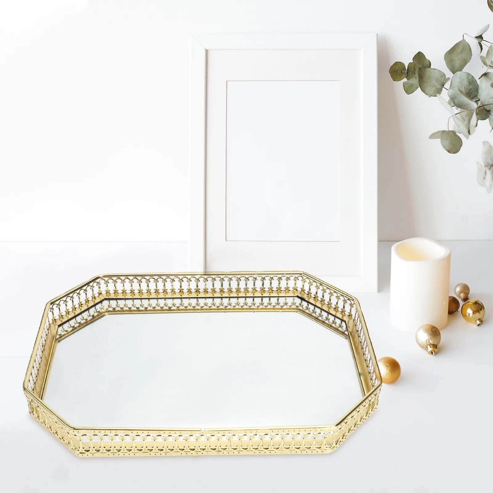 1Pcs Mirror Storage Tray Light Luxury Iron European Hollow Frame Design Smooth Line Multi Purpose for Cosmetics Jewelry Keys