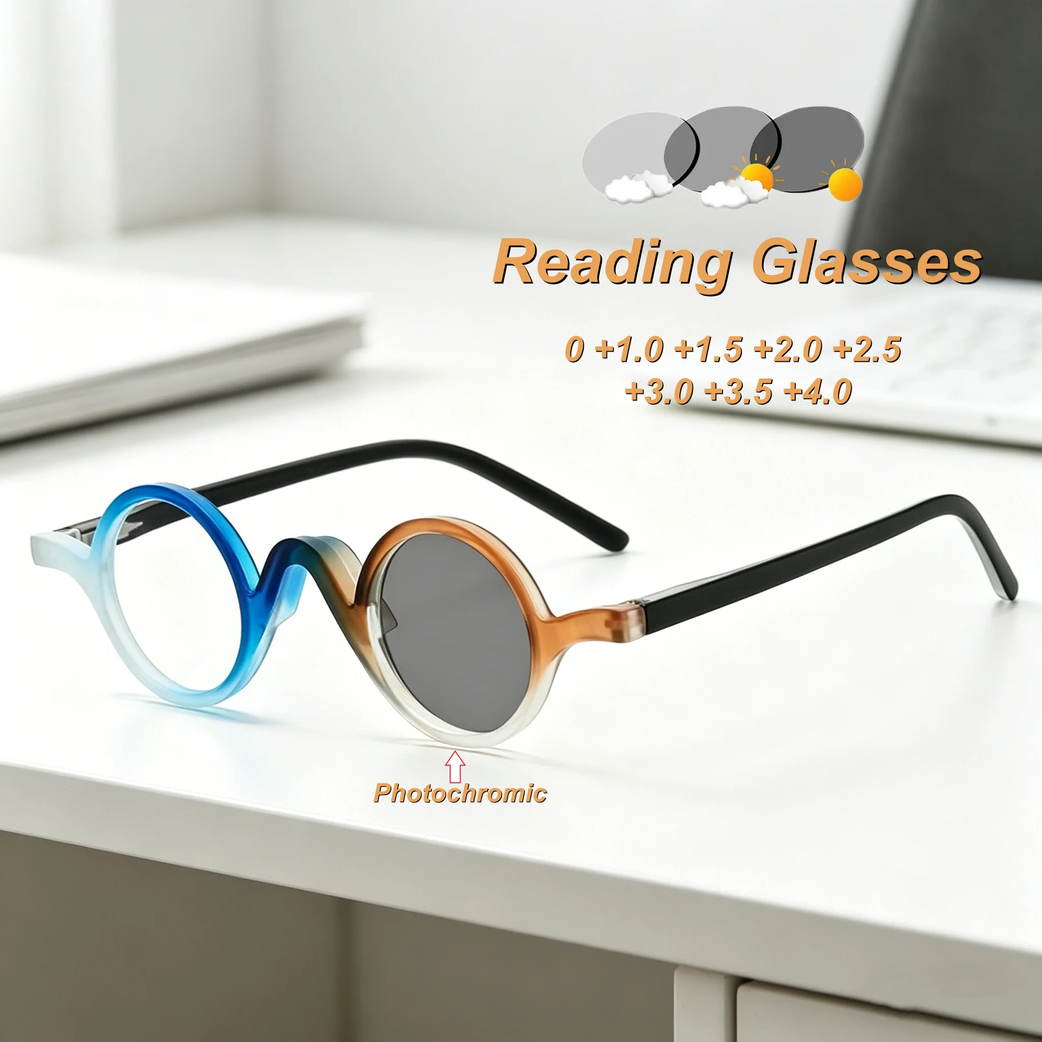 

2026 New Fashionable Personalized Round Frame Photochromic Women's Reading Glasses Retro Neutral HD Anti Blue Light Glasses