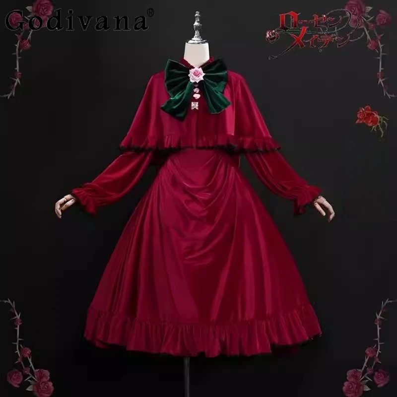 

Girl Cosplay Halloween Red Dress Long Sleeve Bow Collar Long Party Dress Women's Sweet Christmas Play Role Dress