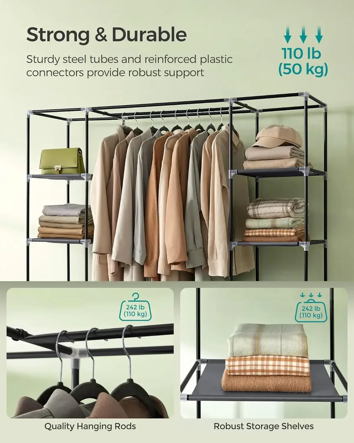 クローゼットワードローブ、寝室用ポータブルクローゼット、不織布カバー付きハンガーレール、衣類収納オーガナイザー、59 x