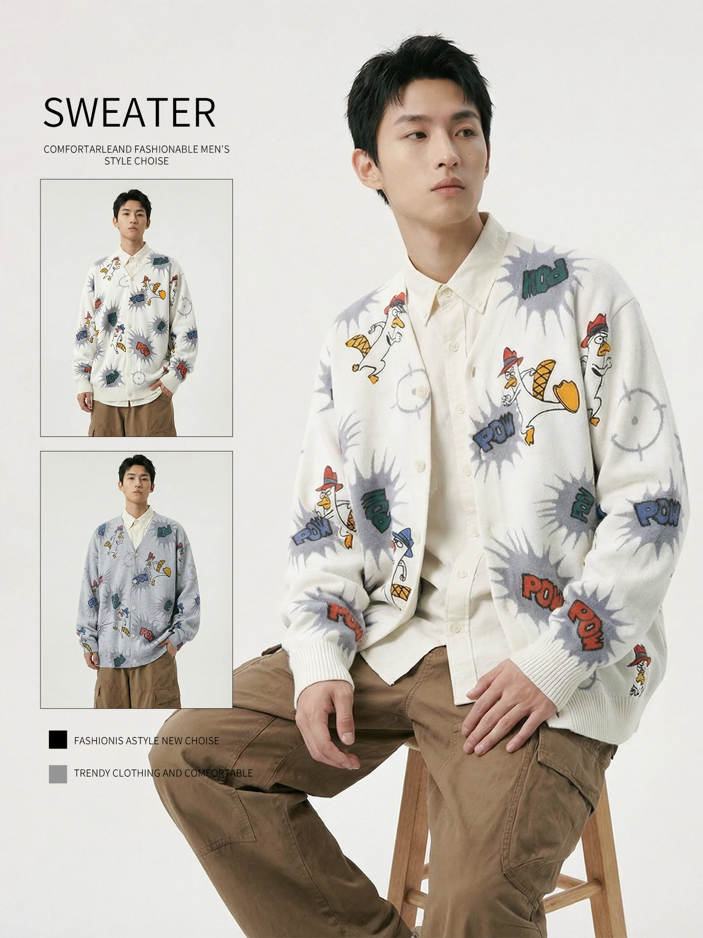 

Свободный вязаный свитер с V-образным вырезом и большими карманами для мужчин и женщин, повседневная верхняя одежда с мультяшным принтом для осени и зимы