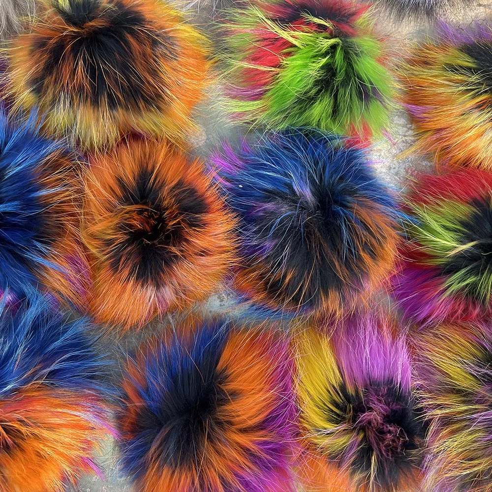 Big Colorful Fluffy Real Fox Fur Raccoon Pompoms With Button DIY Poms Balls Natural Fur Pompons For Hats Caps Shoes Whosale