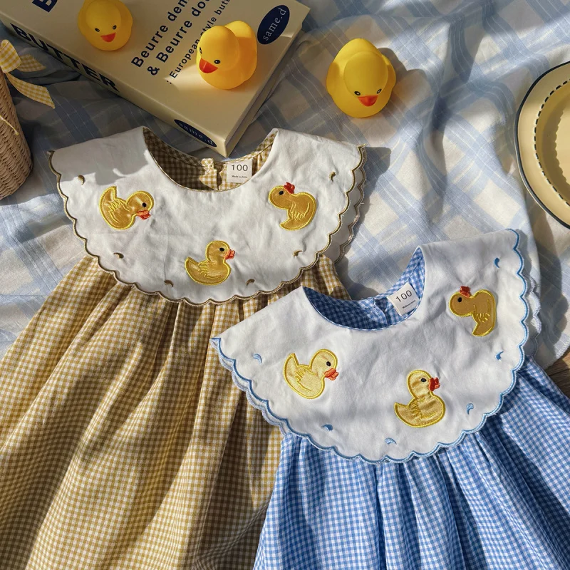 

Cartoon Little Duck Embroidered Sleeveless Girls Dress2025Summer Plaid Doll Collar Children's Vest Dress