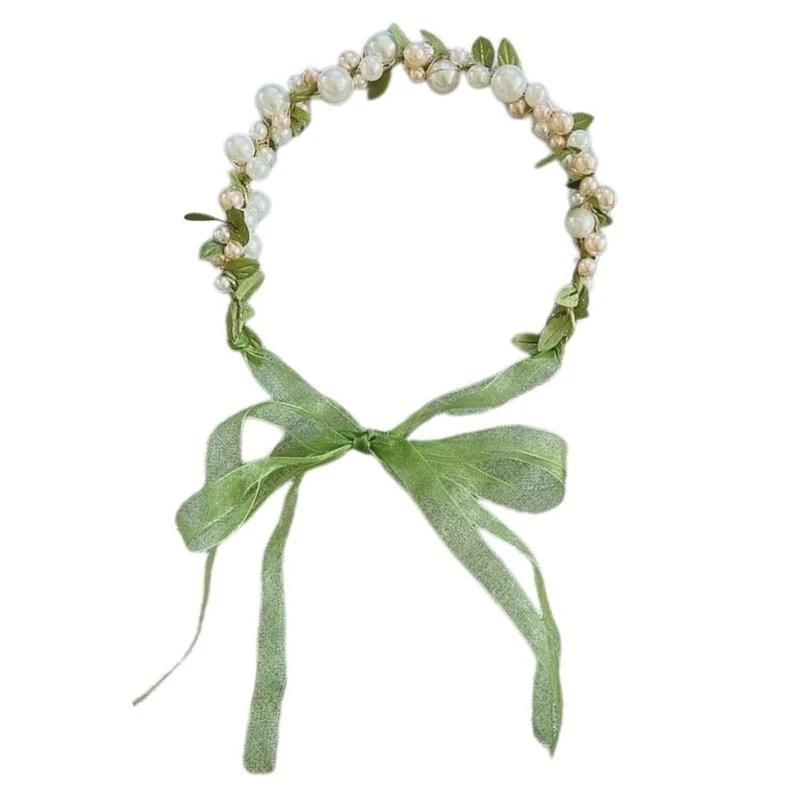 

652F Delicate Pearl/ Leaf Hair Hoop Flower Girl Spring Headband Wedding Parties Kids Pearl/Leaf Photography Headband