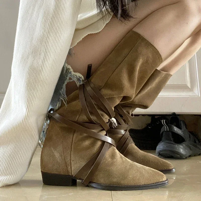 Spring Autumn Women Suede Long Boots Fashion Cross Strap Western Knight Booties Pointed Toe Female Shoes